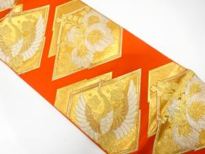 アンティーク　松皮菱に鶴・桐模様織り出し袋帯（着用可）